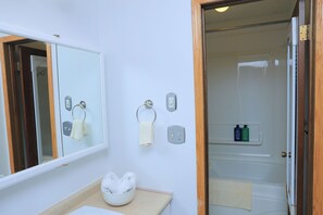 Hair dryer, towels, soap, toilet paper