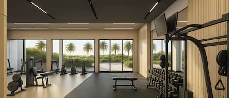 A modern gym with various exercise equipment, large windows with a view of palm trees, and a flat floor.