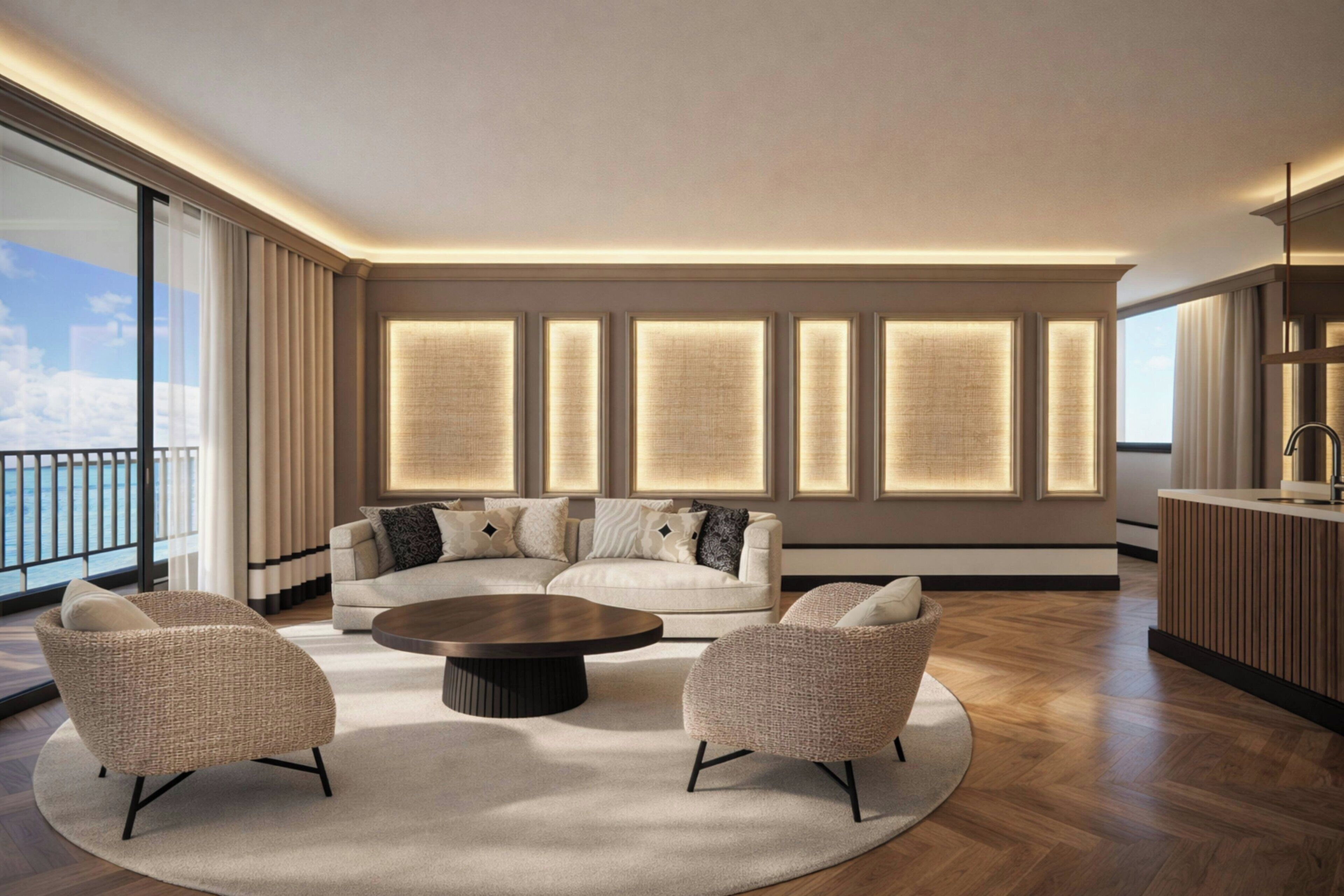Un salon moderne comprenant un canapé d’angle, deux fauteuils, une table basse et une grande fenêtre avec des rideaux.
