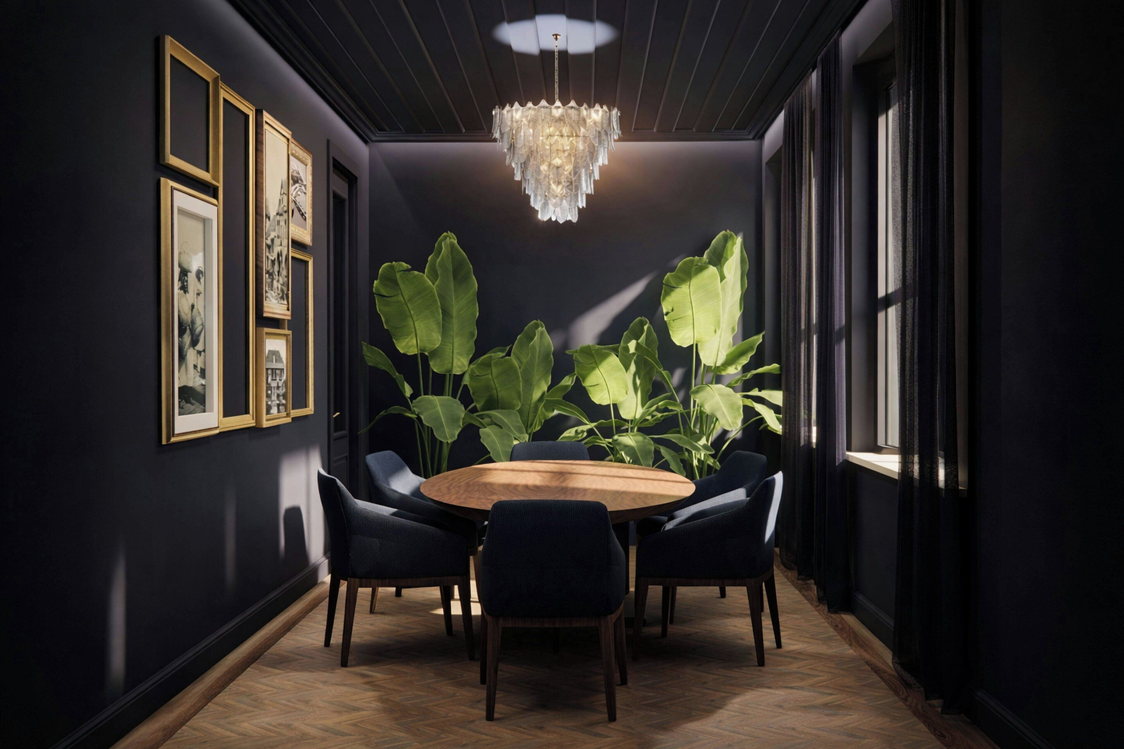 A dark room with a round wooden table, six chairs, and large green plants.