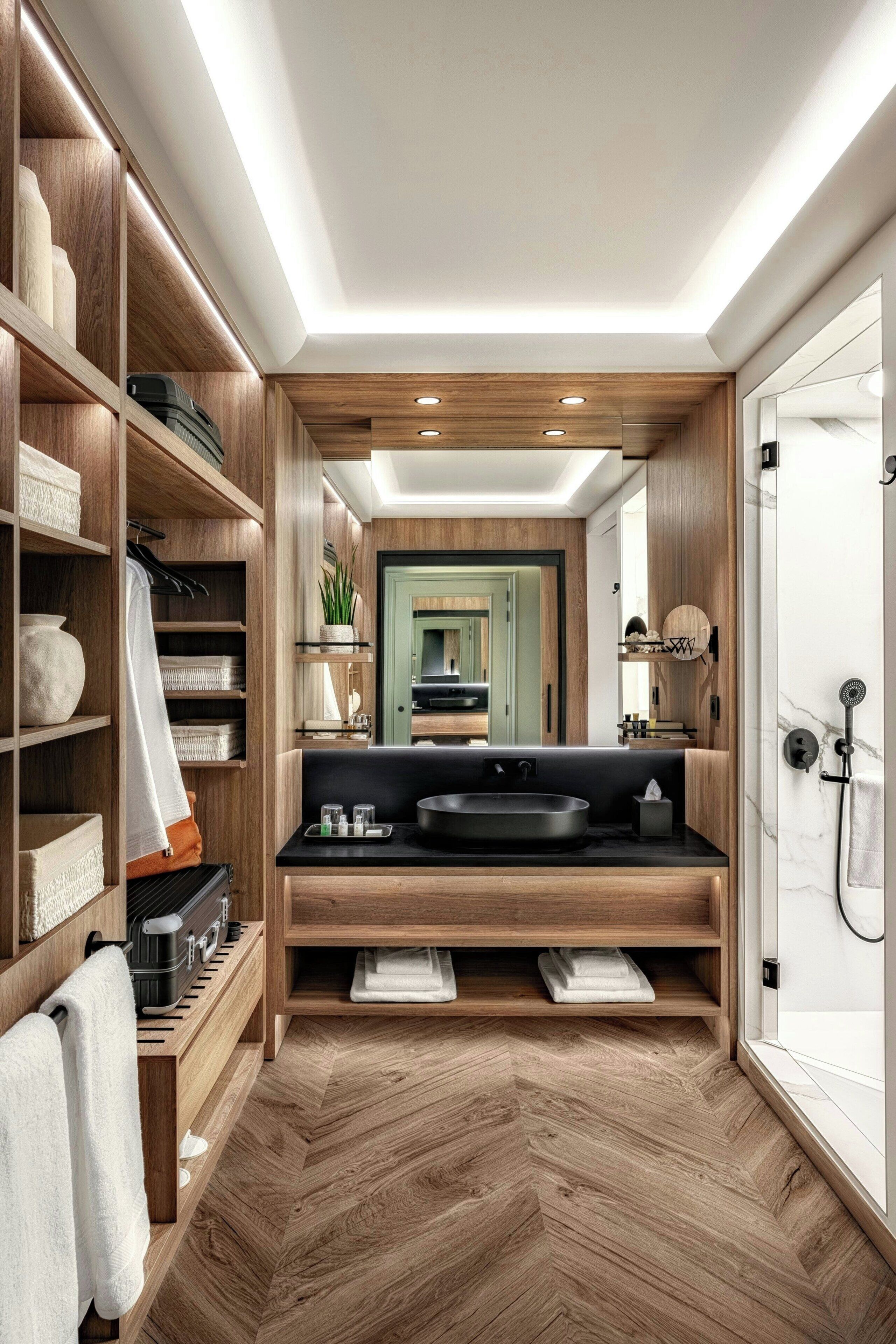 A modern bathroom with a wooden vanity, built-in shelves, and a large mirror.