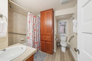 Une salle de bain avec douche, toilettes et lavabo.