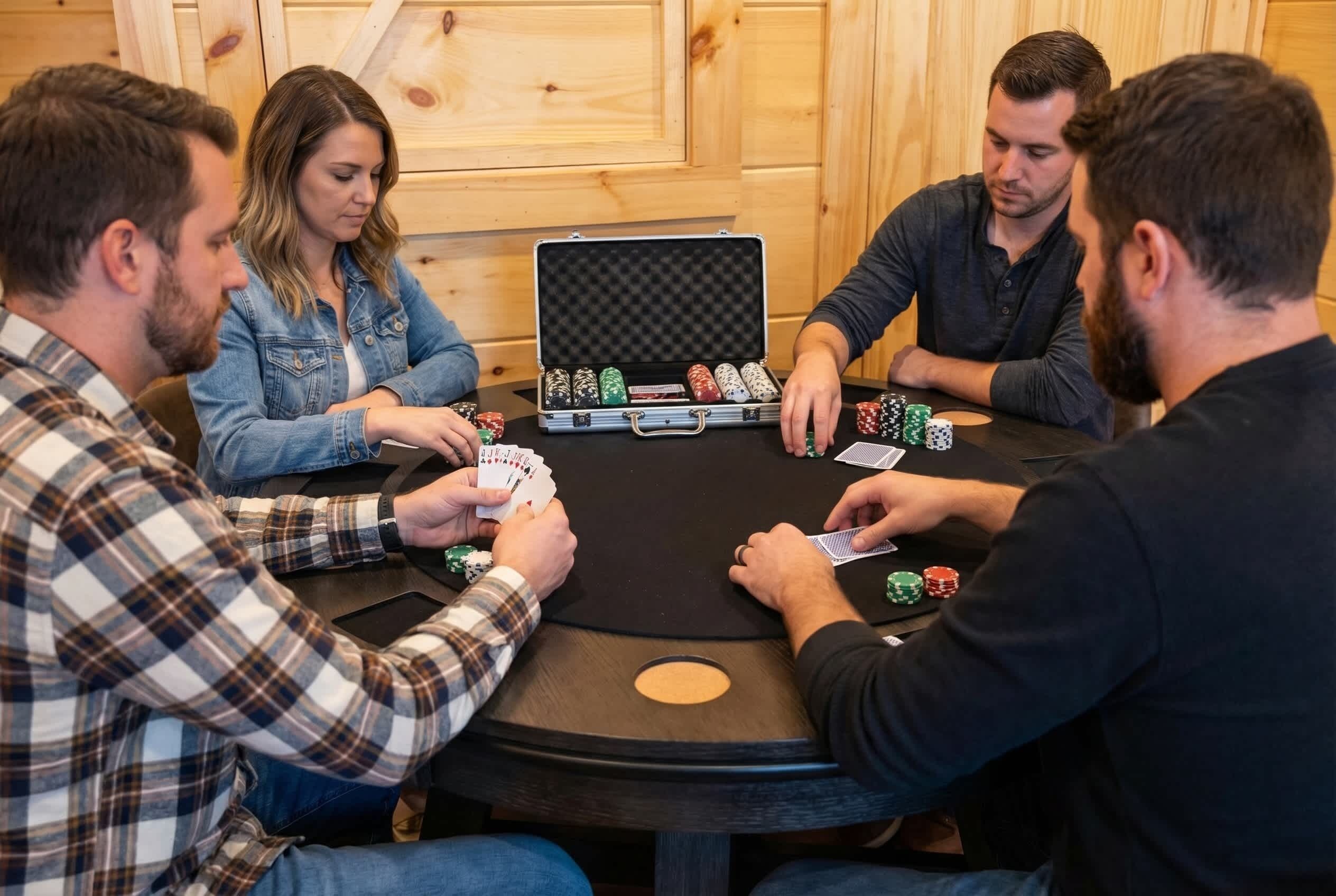 Un groupe de personnes jouant au poker autour d’une table en bois, avec une boîte de jetons de poker et un jeu de cartes.