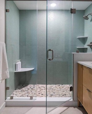 Hair dryer, towels, soap, shampoo