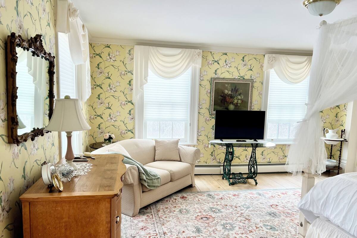 Quarto com sofá, cómoda de madeira, televisão sobre suporte e cama com dossel.