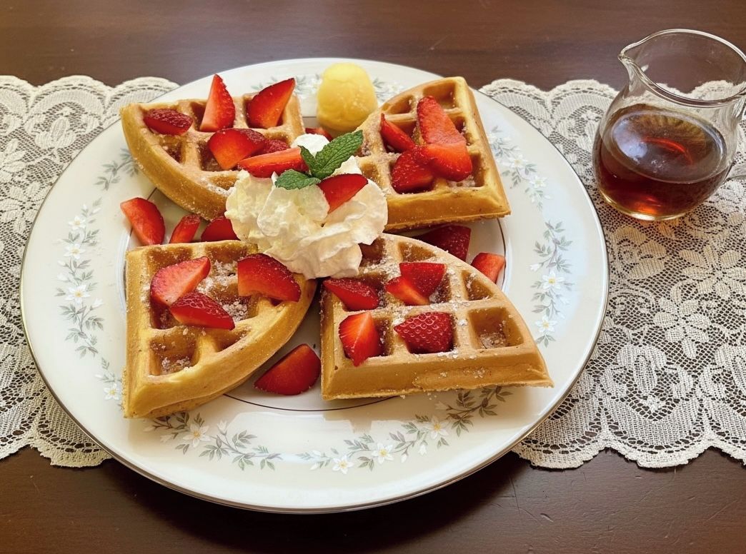 Ein Teller Waffeln mit Erdbeeren und Schlagsahne, dazu eine Tasse Tee auf einer Spitzentischdecke.