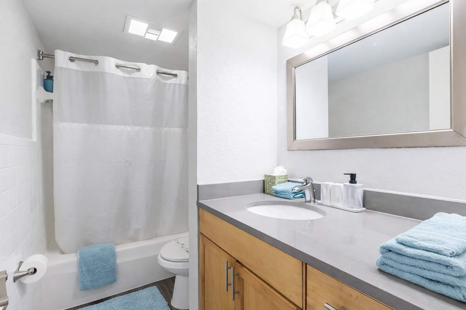 Shower, hair dryer, shampoo