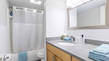 Shower, hair dryer, shampoo