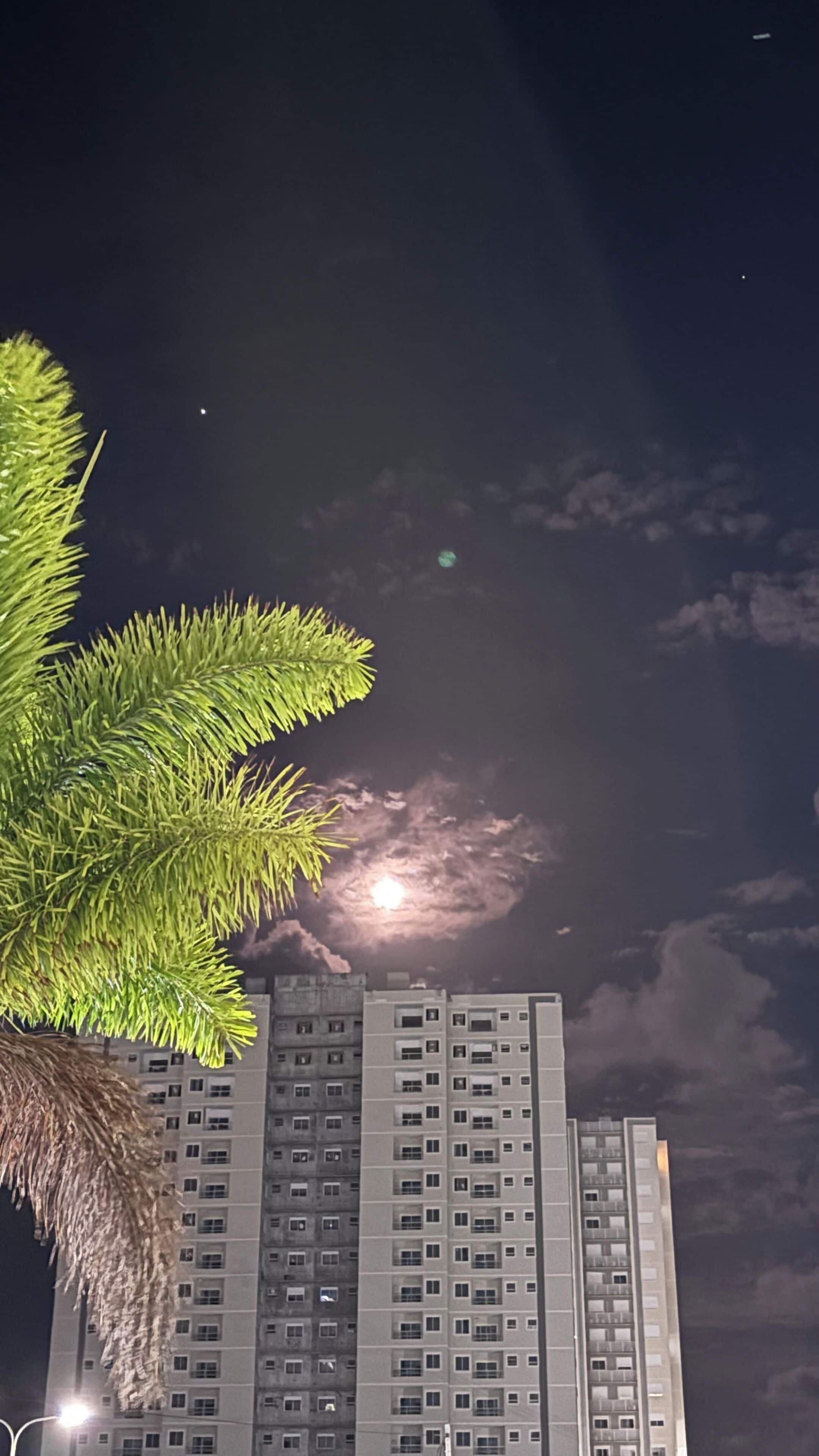 A high-rise building with multiple windows and balconies, under a night sky with a visible moon and clouds.
