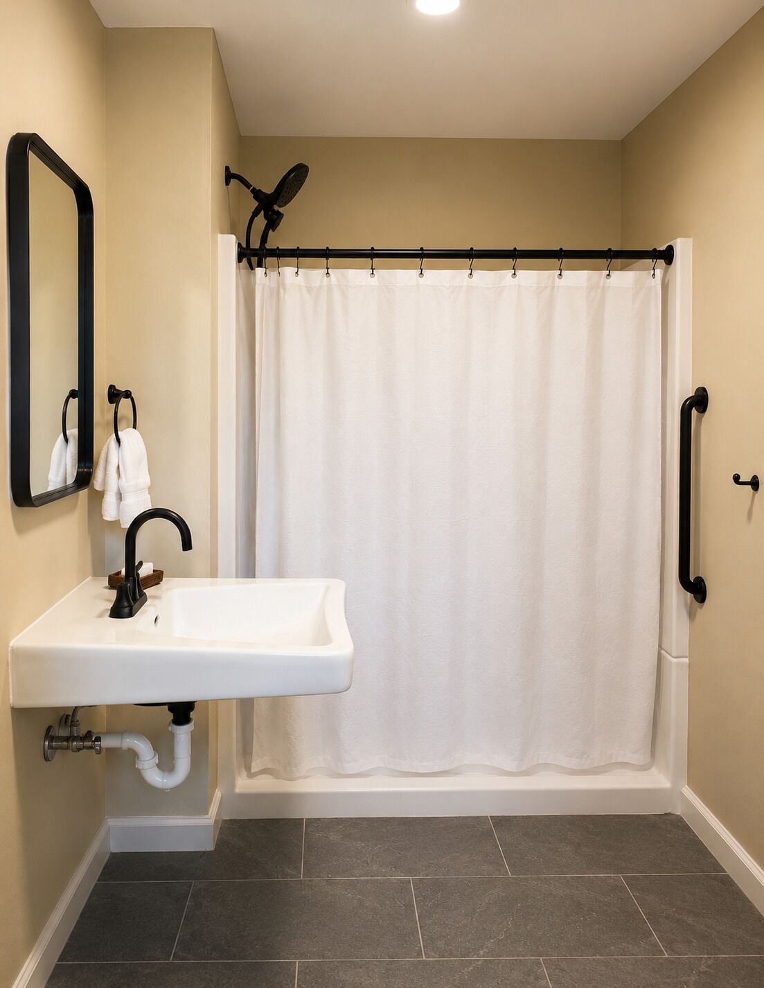 A bathroom with a white sink, a mirror, a shower curtain, and a grab bar.