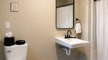 A bathroom with a toilet, sink, mirror, and shower curtain.