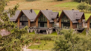 A row of modern cabins with large windows and wooden exteriors, set in a grassy area with trees.