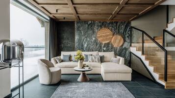 Luxury Villa, Hot Tub | Living area | 50-cm Smart TV with cable channels, fireplace, heated floors