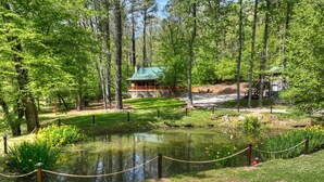 A lodge with a pond, surrounded by trees, and a small building with a green roof.