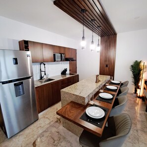 Fridge, microwave, stovetop, coffee/tea maker - Very Central 2-Bedroom, 2 Bath Condo with WiFi, AC in Portside Puerto Morelos (Puerto Morelos)
