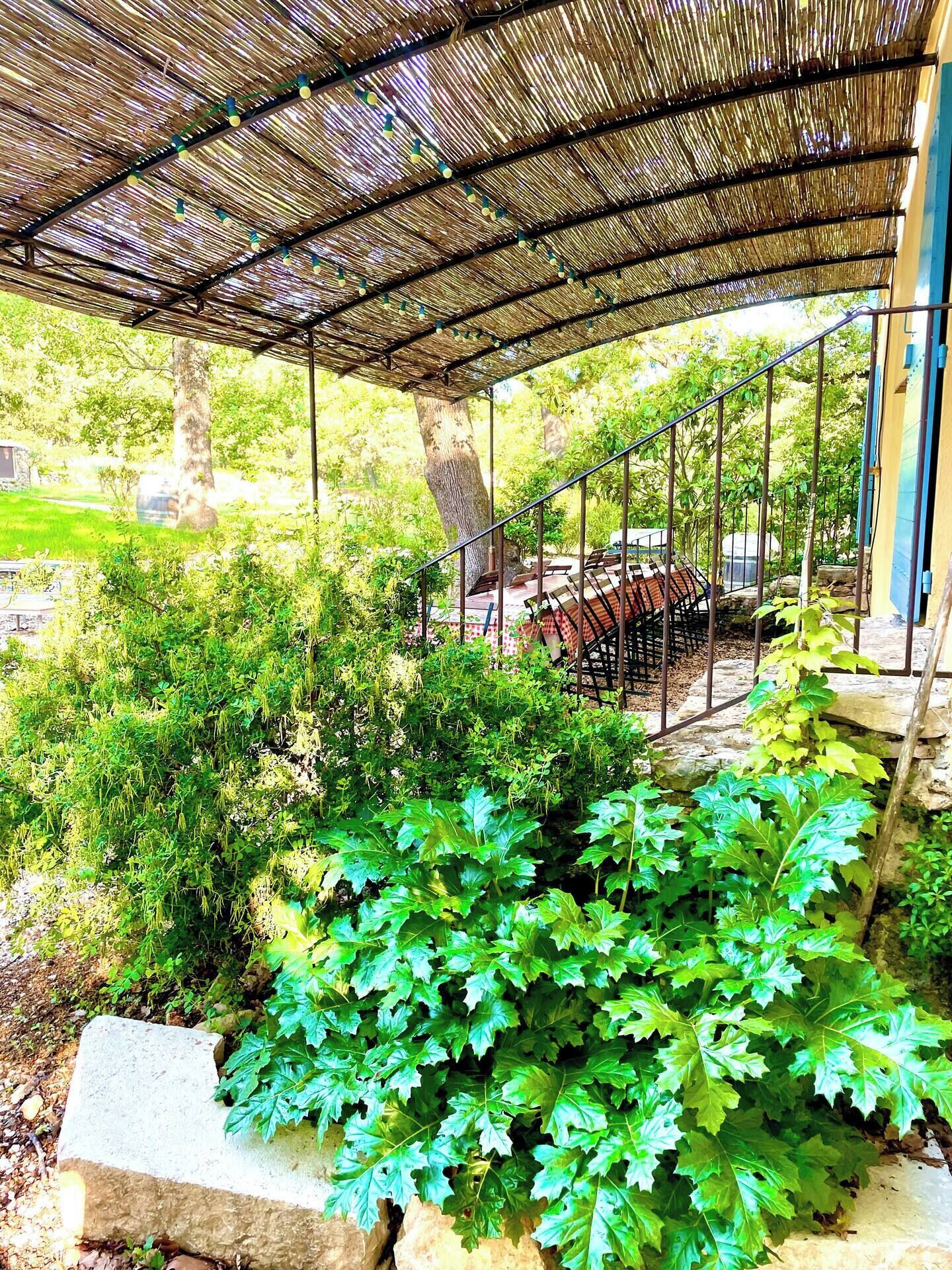 A covered outdoor area with a metal staircase, surrounded by greenery and stone structures.