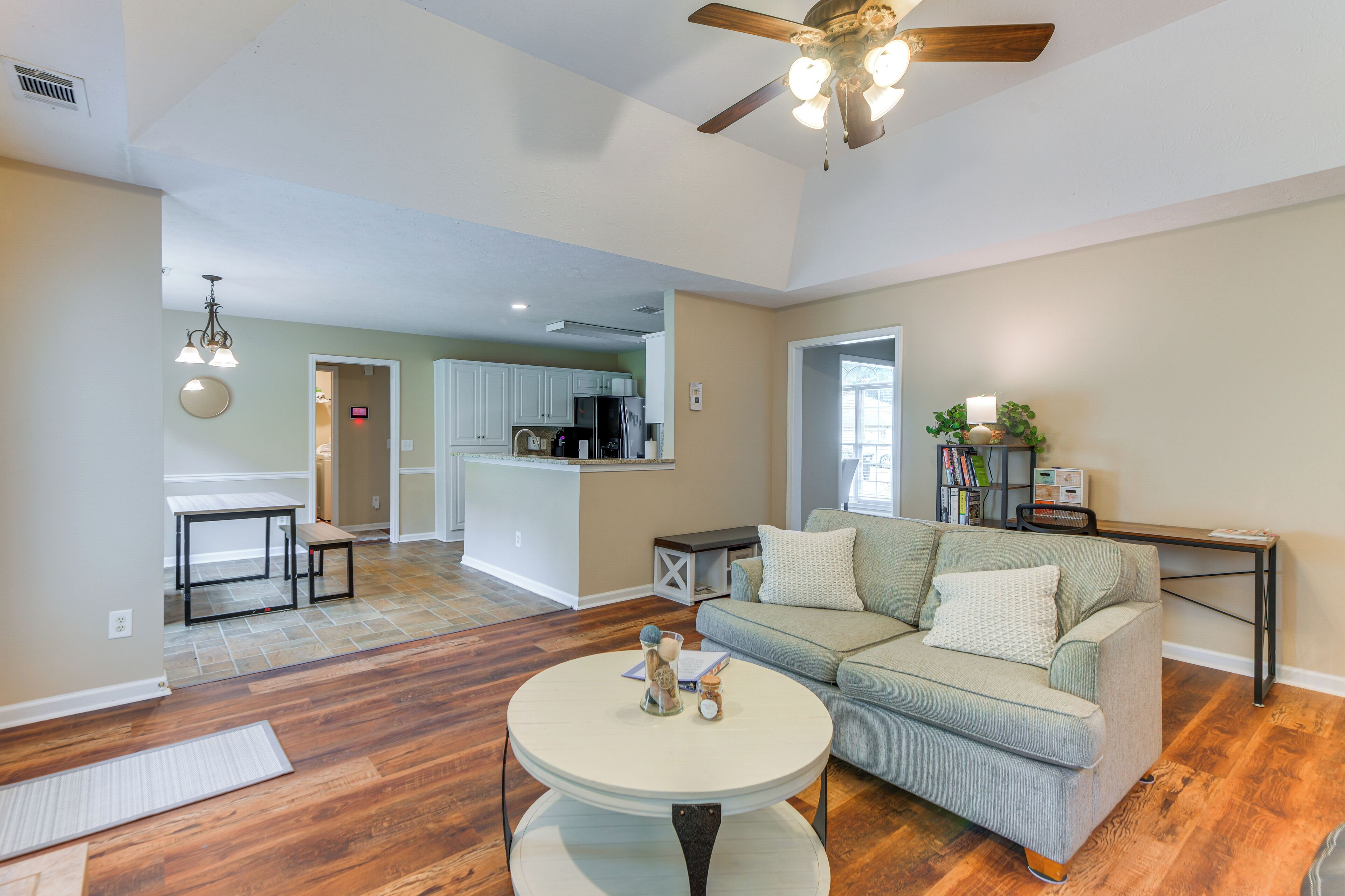 TV, fireplace, books