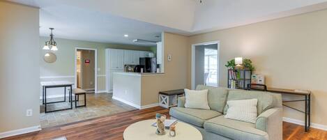 TV, fireplace, books