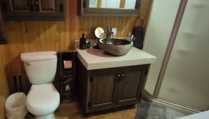 A bathroom with a toilet, a sink with a vessel basin, and wooden paneling on the walls.