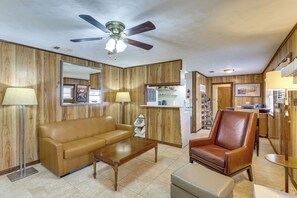 TV, fireplace, books