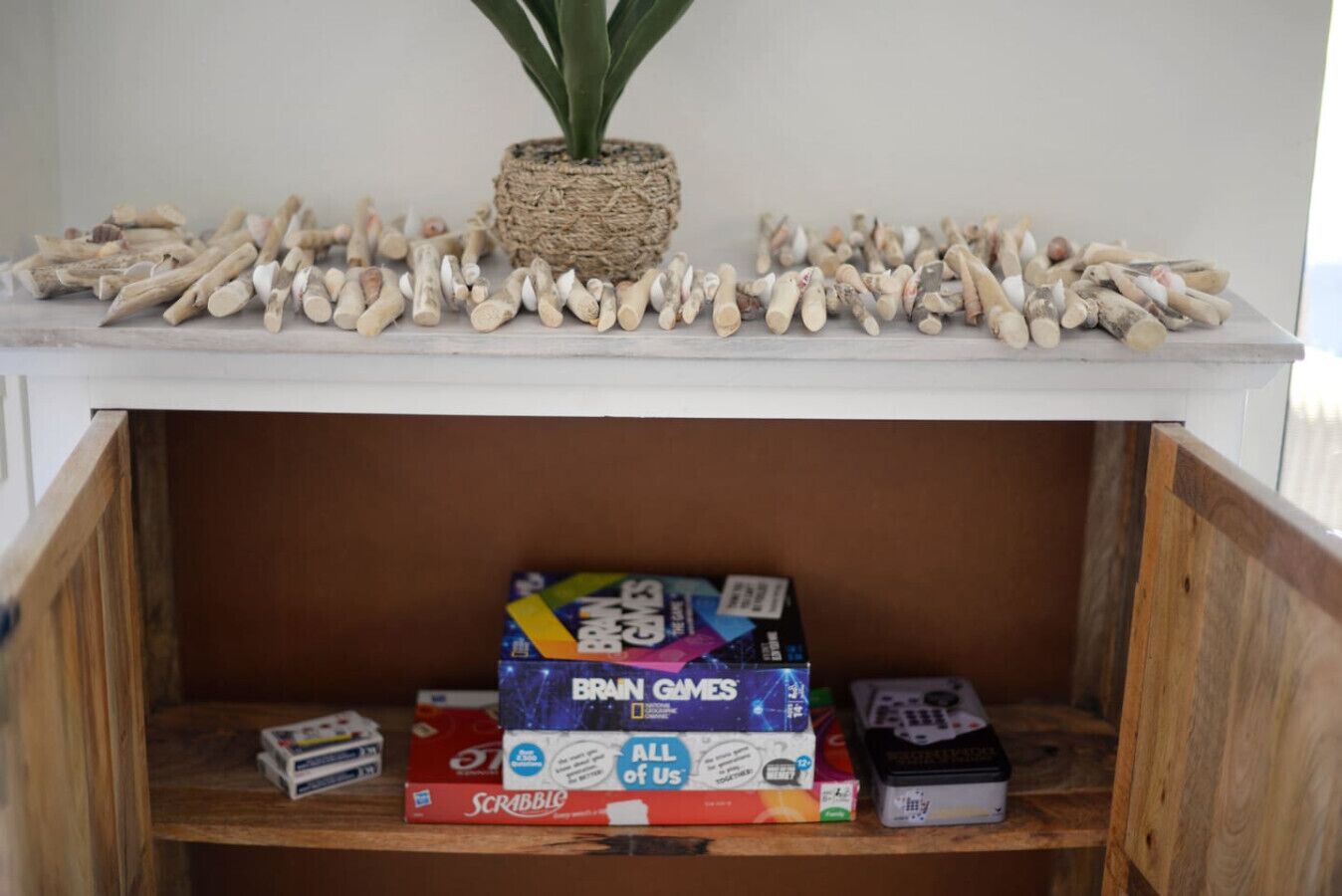 A shelf with a plant, Scrabble tiles, and Brain Games board game.