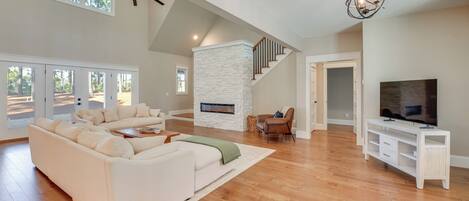 TV, fireplace, books