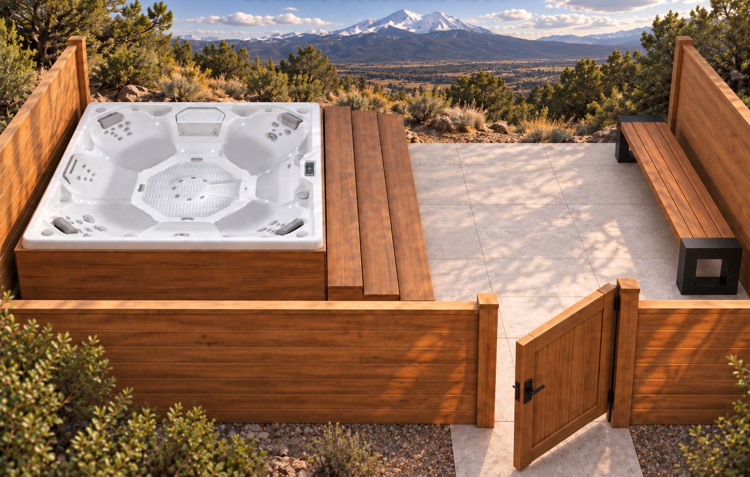 Shared hot tub with stunning mountain views, available starting in December 2026