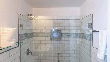 Shower, hair dryer, shampoo