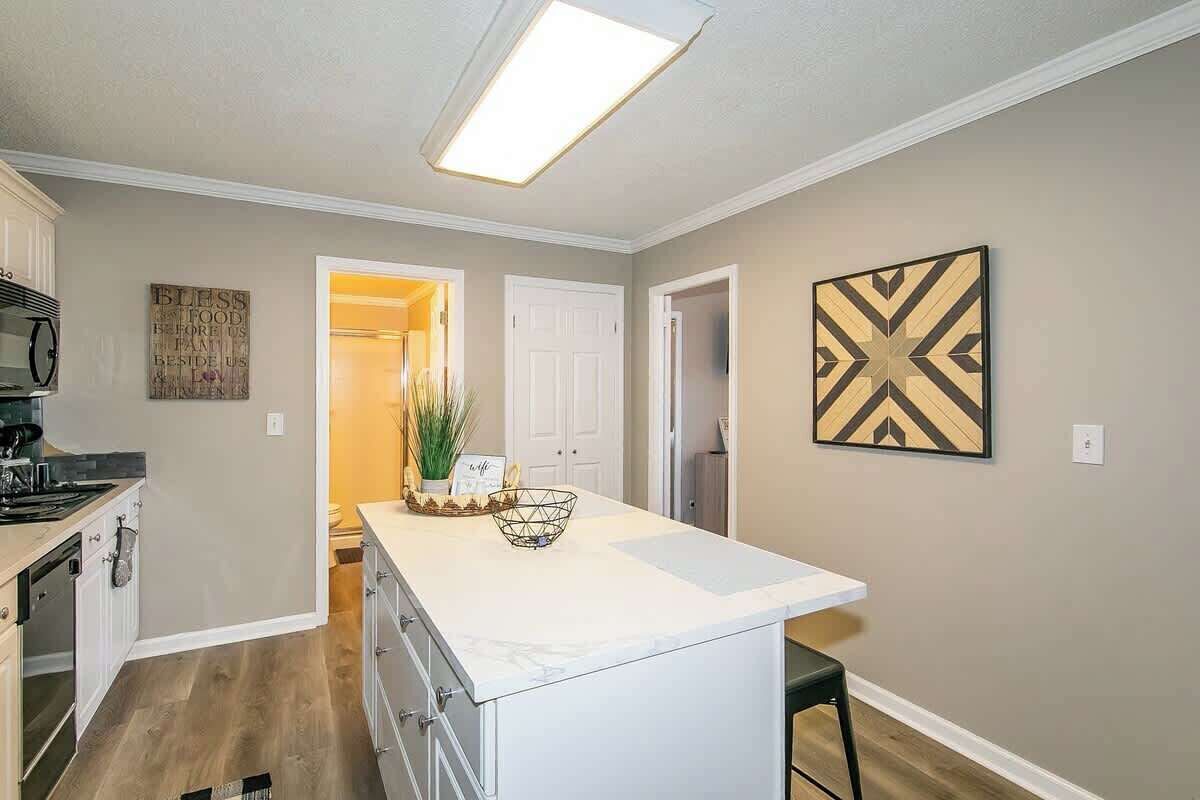 Fridge, stovetop, dishwasher, coffee/tea maker