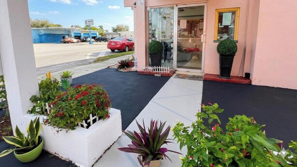 A building entrance with a glass door, potted plants, and a clear view of a parking lot with cars. - Anhinga Motel Homestead Fl (Homestead)