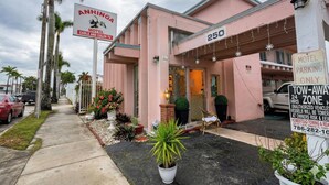 A motel with a pink facade, numbered 250, featuring a sign for Anhinga Motel, a tow-away zone, and a parking sign. - Anhinga Motel Homestead Fl (Homestead)