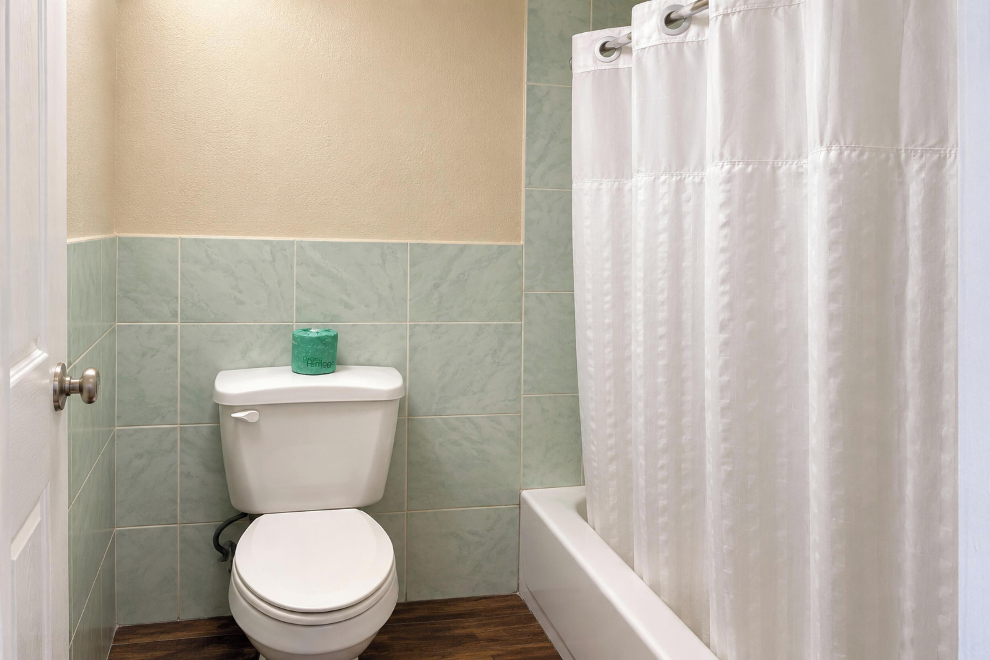 A bathroom with a toilet, a bathtub, and a shower curtain.