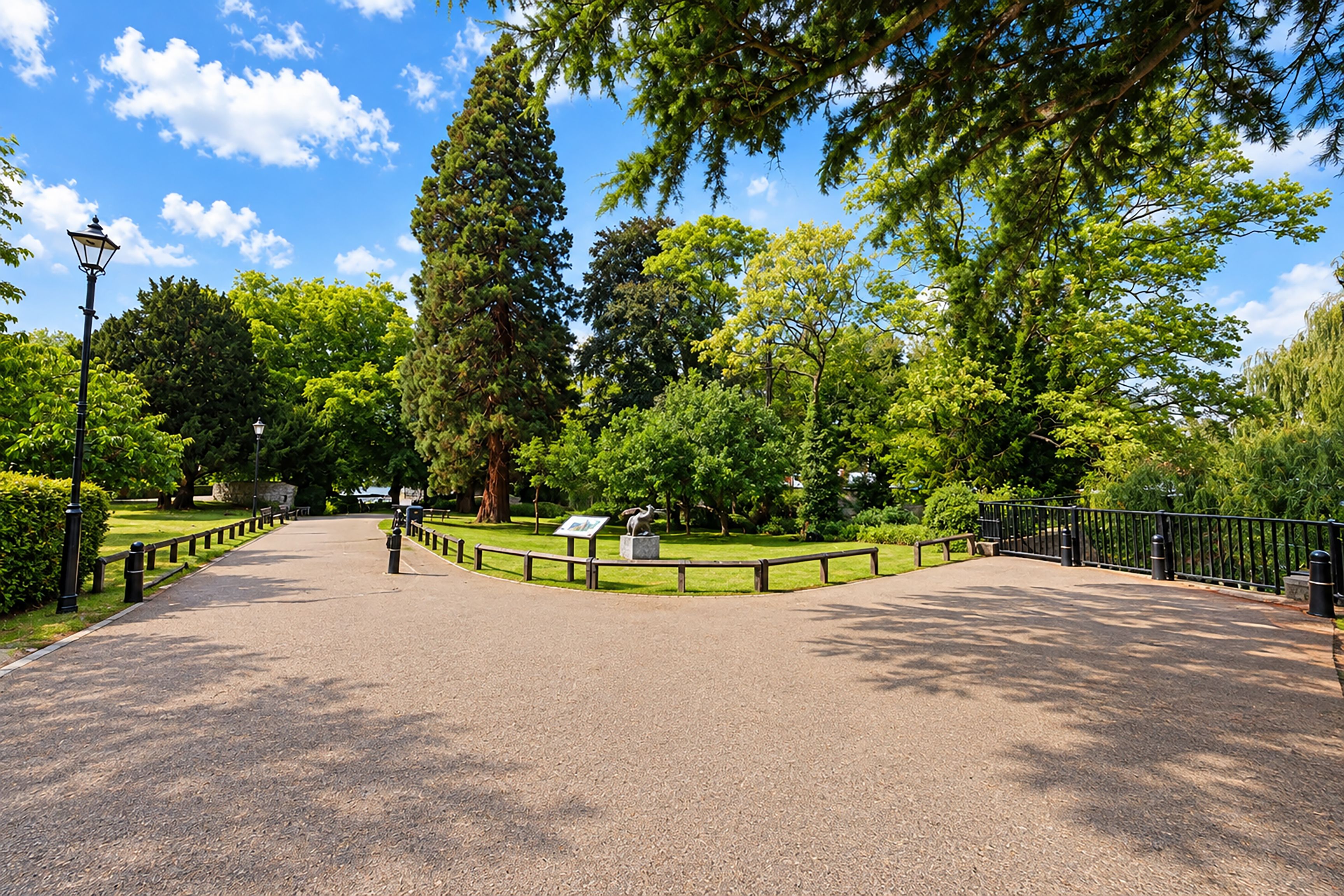 A park pathway with a statue, trees, and a clear sky.