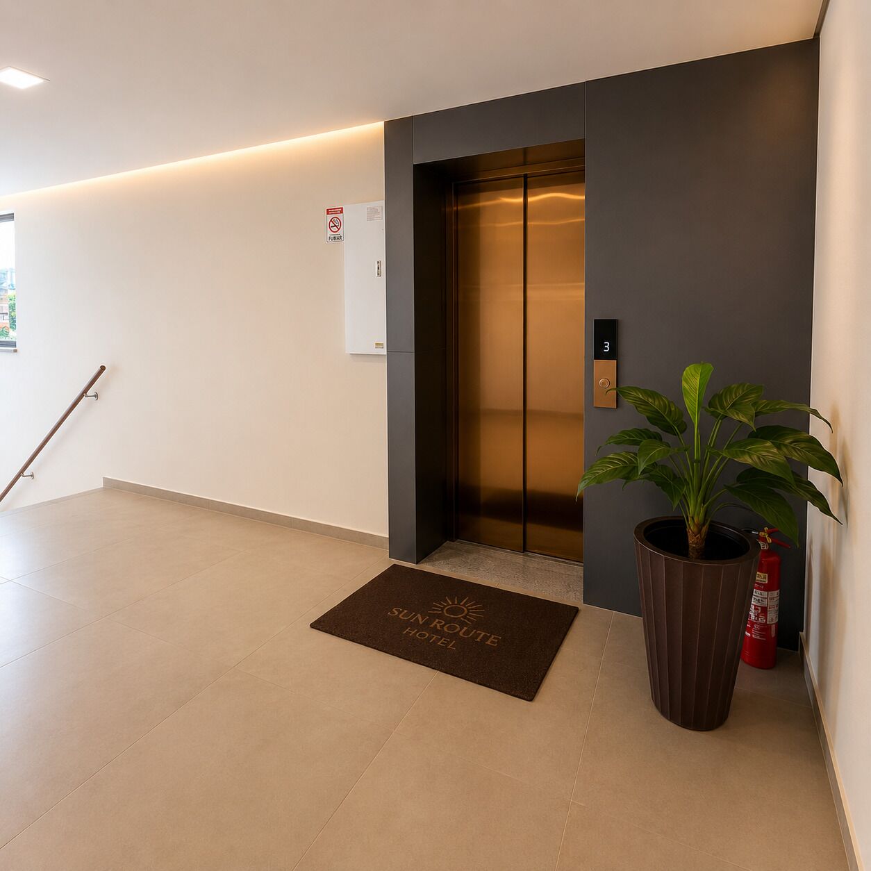 An elevator with a fire alarm sign, a doormat with 'Sun Route Hotel' text, and a potted plant.