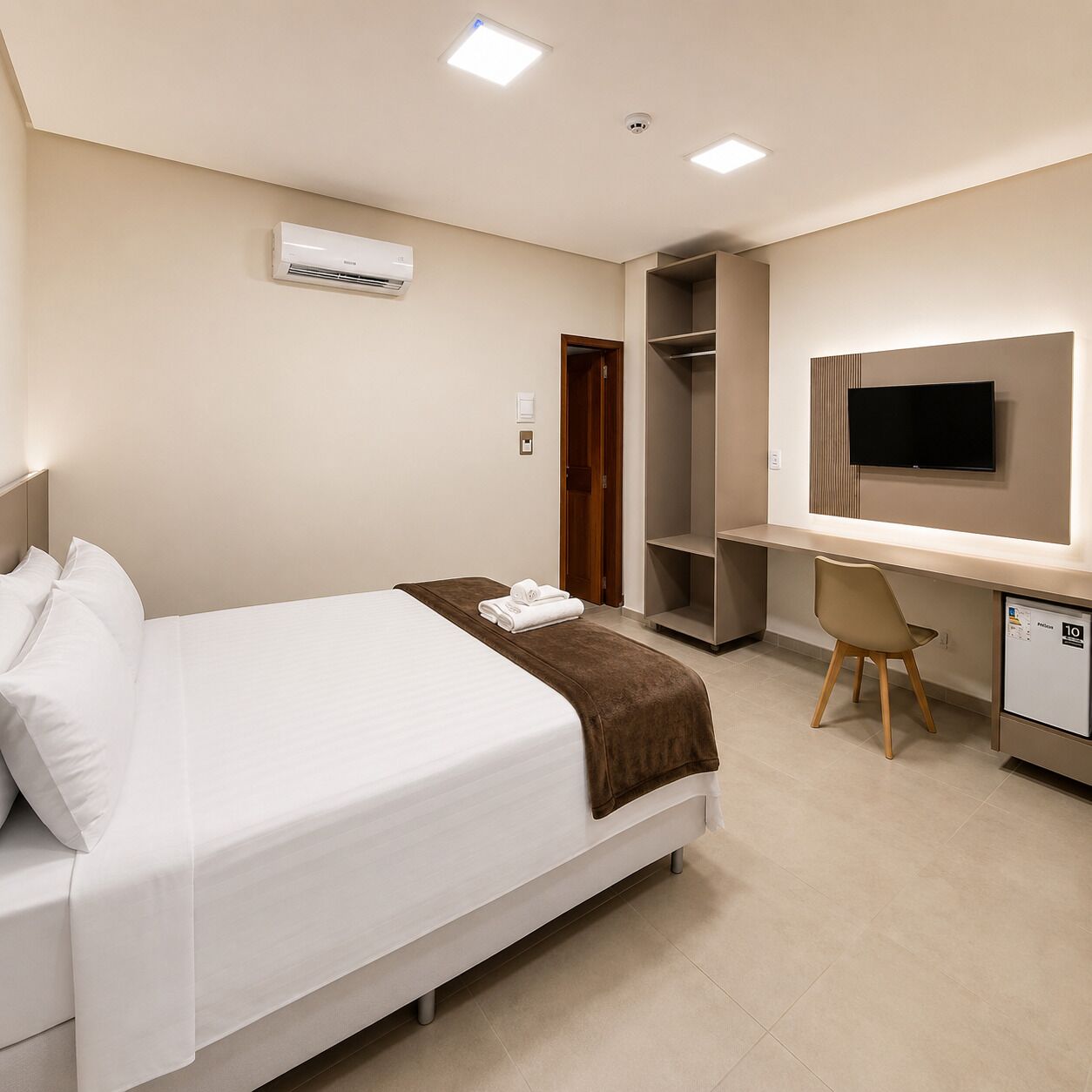 A hotel room with a bed, a desk, a chair, a television, and a wardrobe.