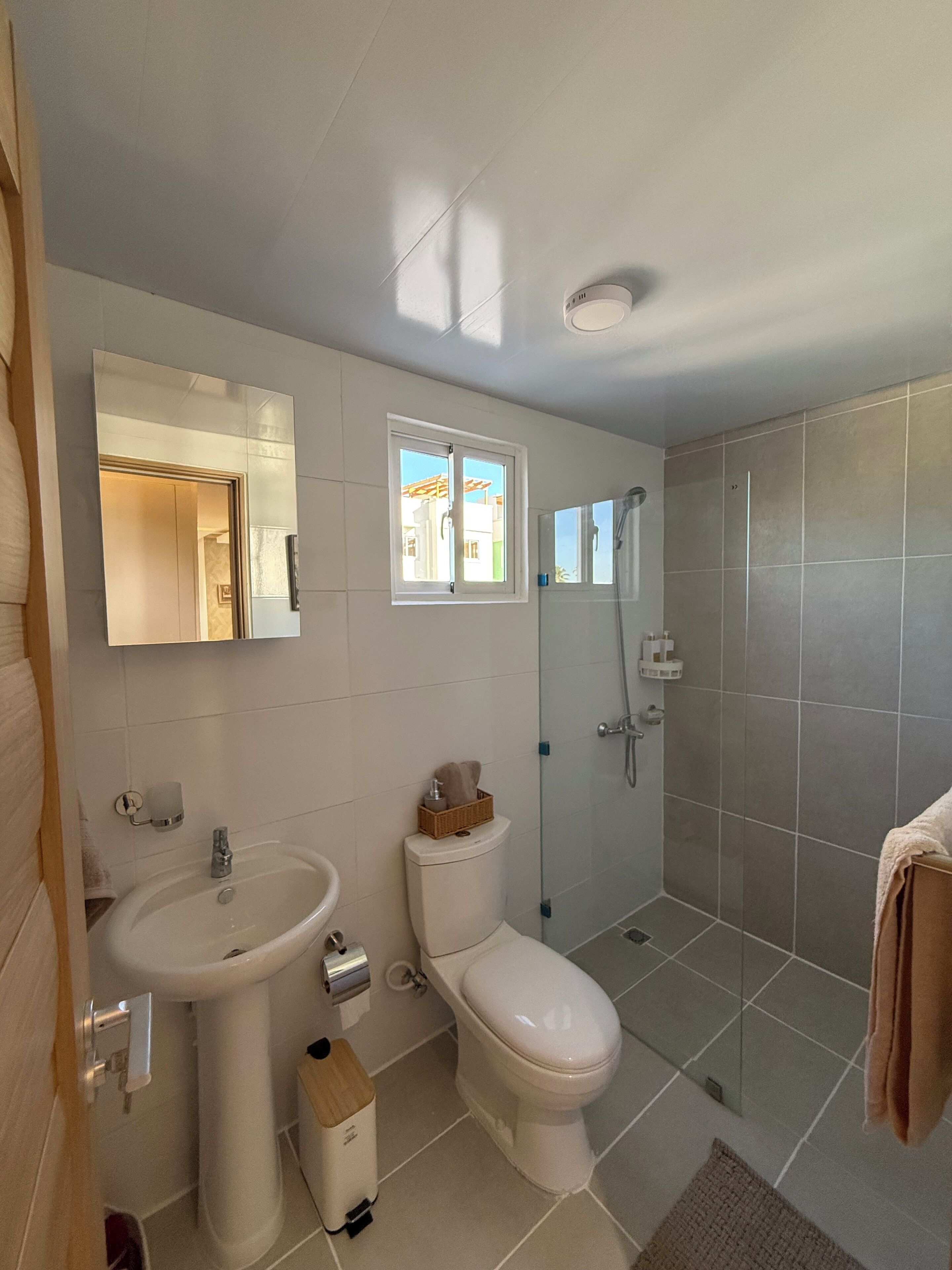 Hair dryer, towels, soap, toilet paper