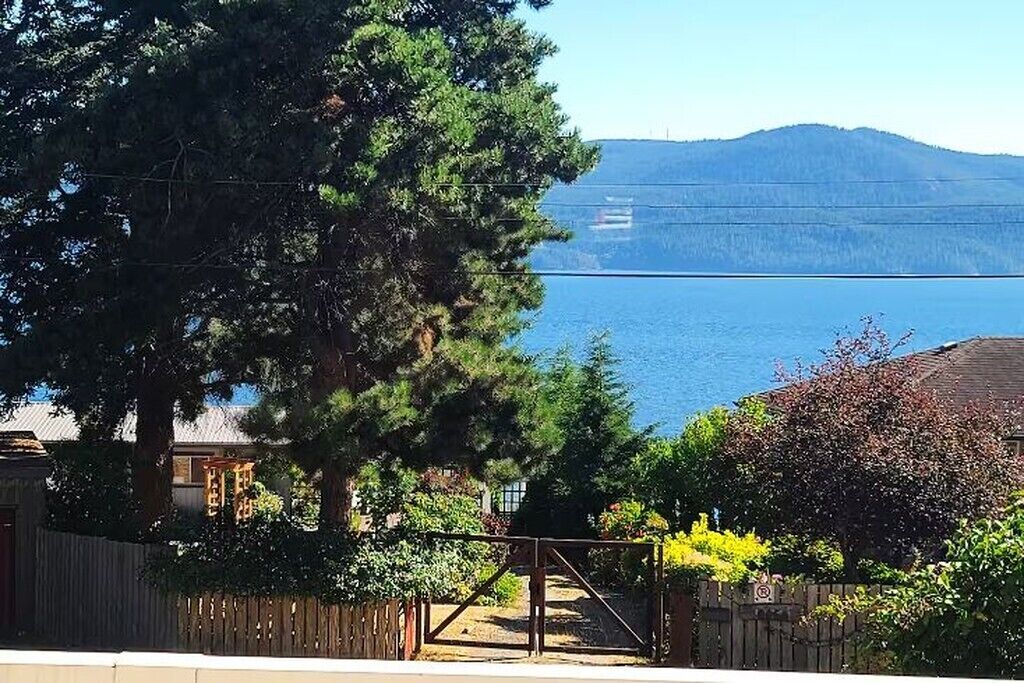 A residential area with a view of a lake and mountains.