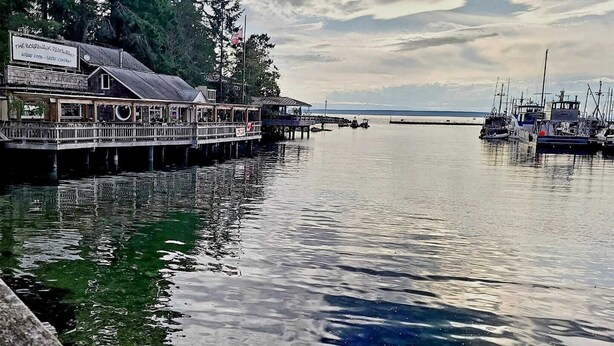 A waterfront restaurant with a dock extending into calm water, surrounded by boats and trees. - MALASPINA HIDEAWAY 2 (Powell River)