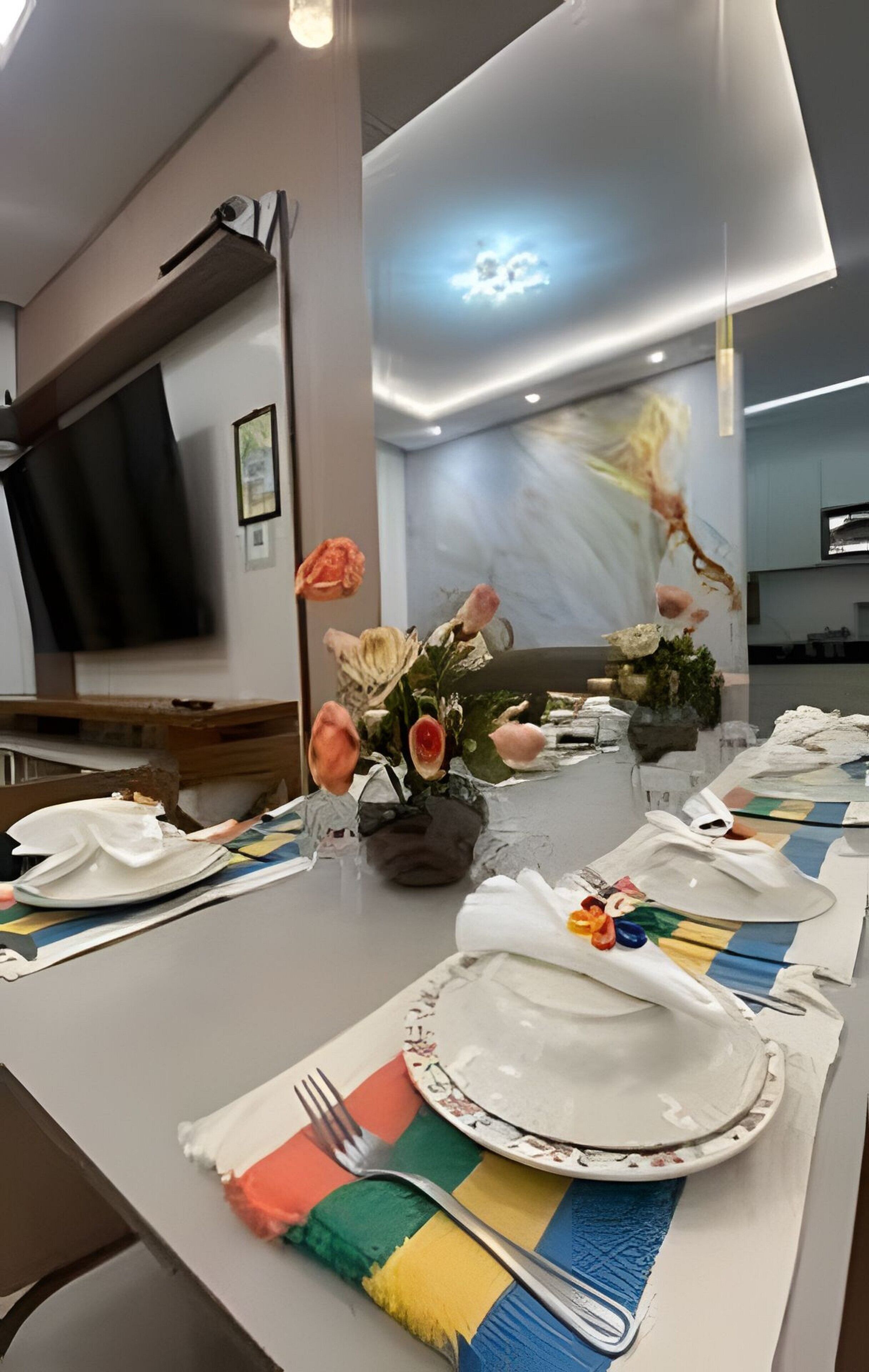 A dining table set with plates, cutlery, and a vase with flowers.