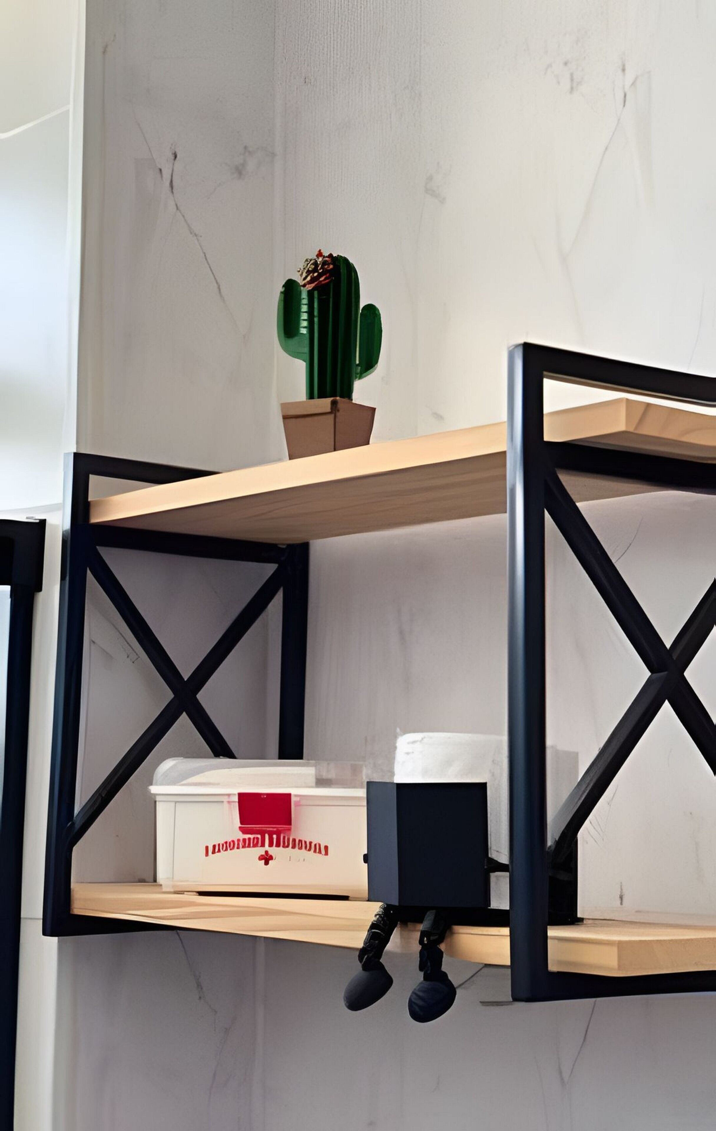 Une étagère avec un cactus, une boîte blanche avec du texte rouge et un objet noir.