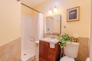 Baignoire à remous, séchoir à cheveux, serviettes fournies, savon