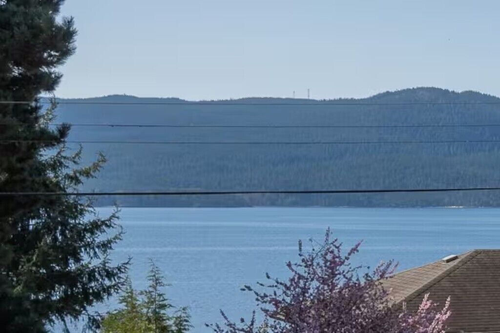 En vy över en sjö med ett bergskedja i fjärran, en träbrygga och några träd i förgrunden.