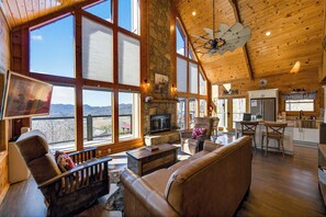 Smart TV, chimenea y libros 