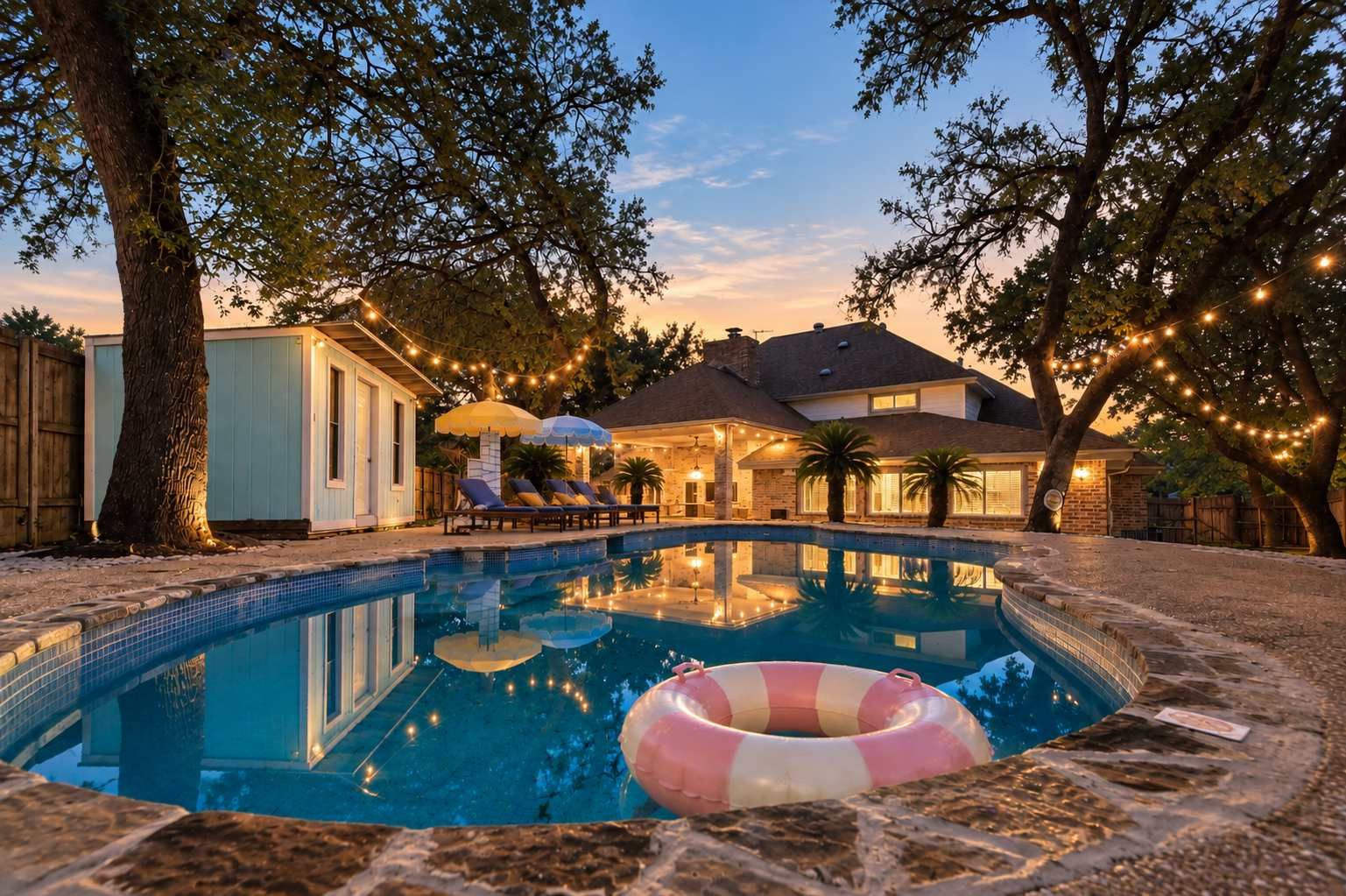 A swimming pool with lounge chairs and umbrellas, surrounded by trees and string lights.