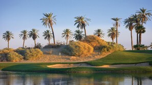 Un parcours de golf bordé de palmiers, avec un plan d’eau et un ciel dégagé.
