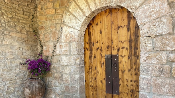 A rustic stone wall with a wooden door, two potted plants with purple flowers, and a metal latch on the door.