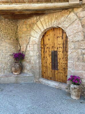 Un muro de piedra rústico con una puerta de madera, dos macetas con flores moradas y un pestillo metálico en la puerta.