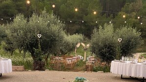An outdoor dining area with round tables set for a meal, surrounded by olive trees and a backdrop of a forested hill.