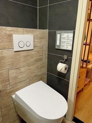 Shower, hair dryer, bidet, towels