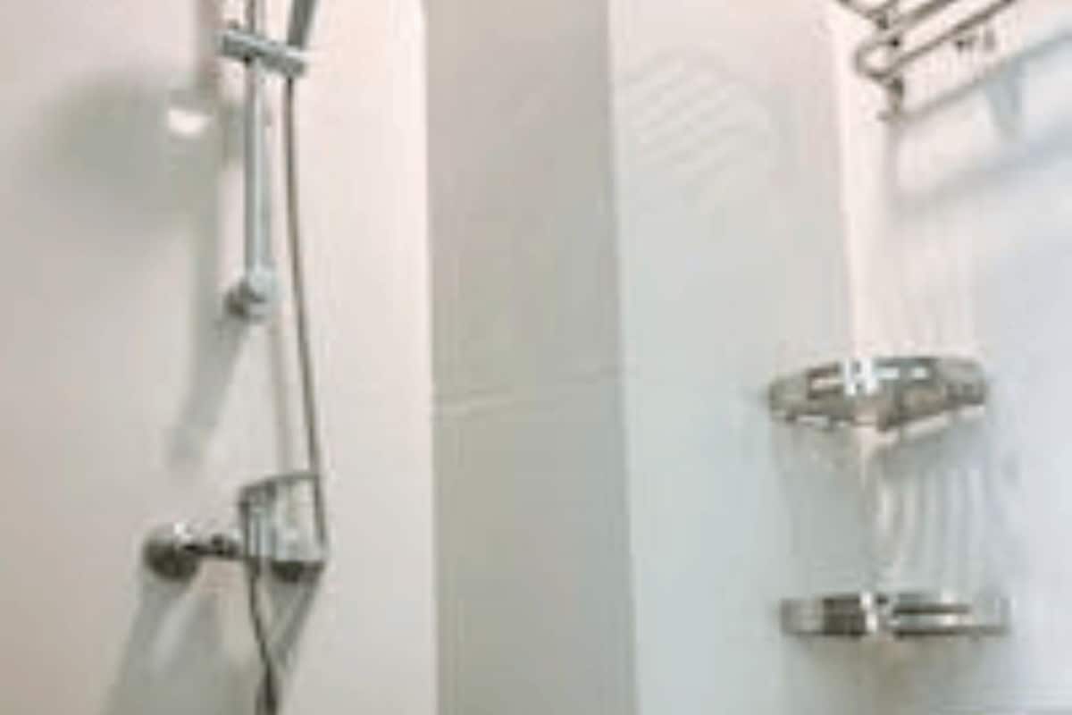 A bathroom with a shower, a toilet, and a glass shelf.